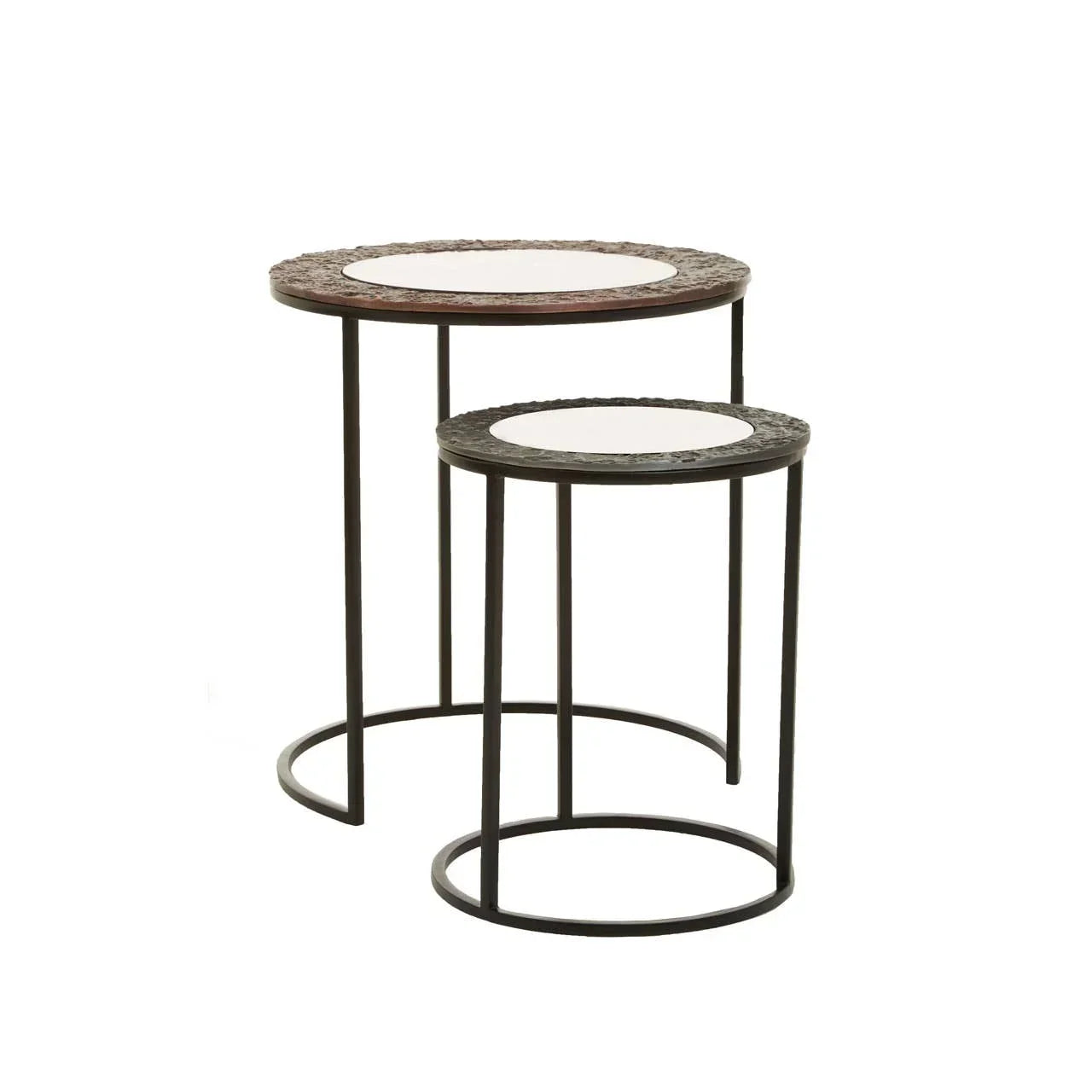 Set of two round metal nesting side tables with textured edge and mirrored tops