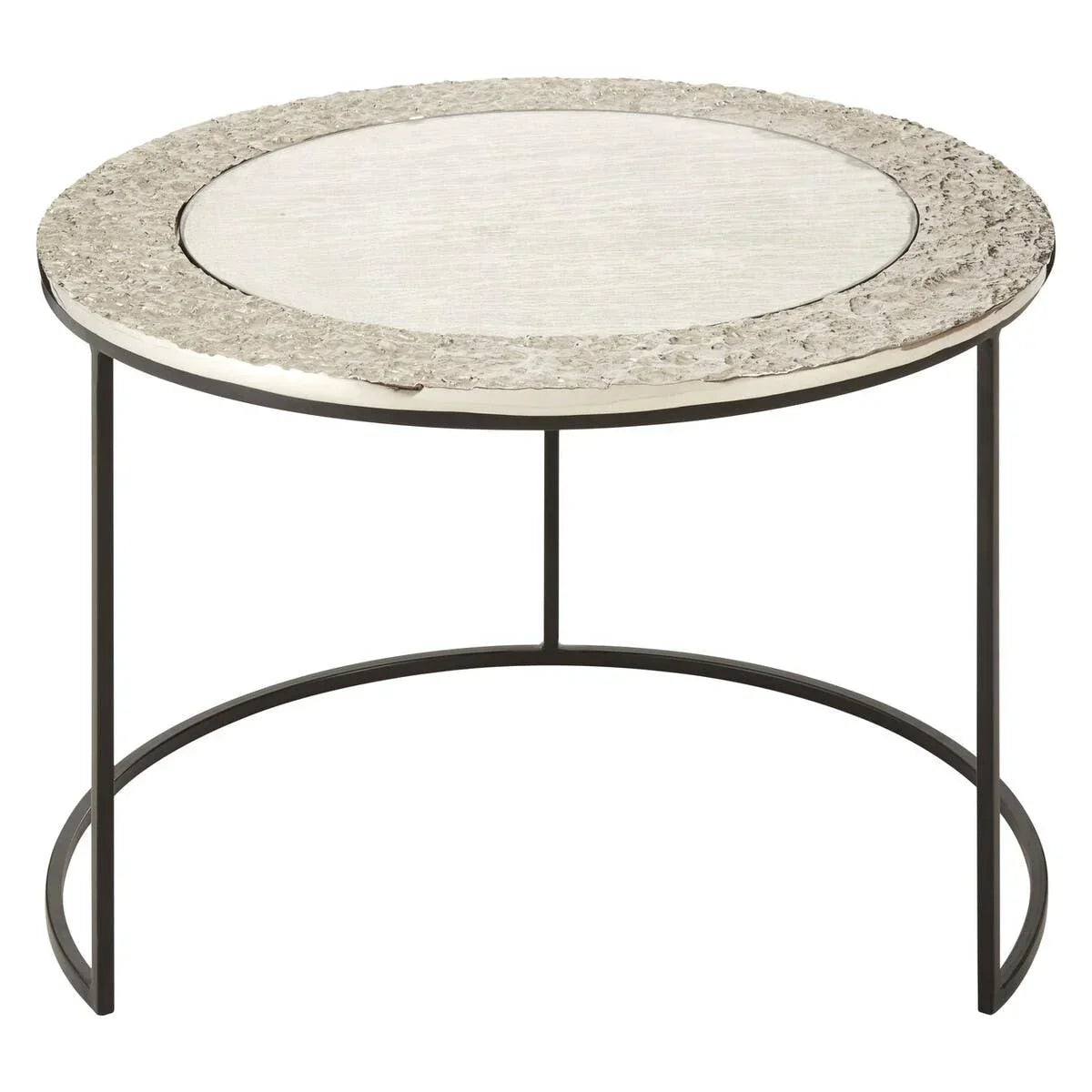 Round modern coffee table with metal legs and textured silver top