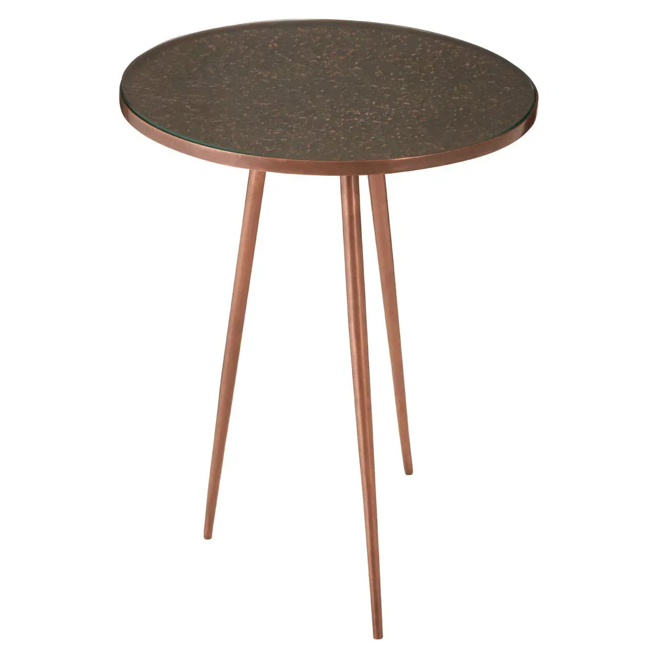 Round copper side table with slender tripod legs and dark textured tabletop