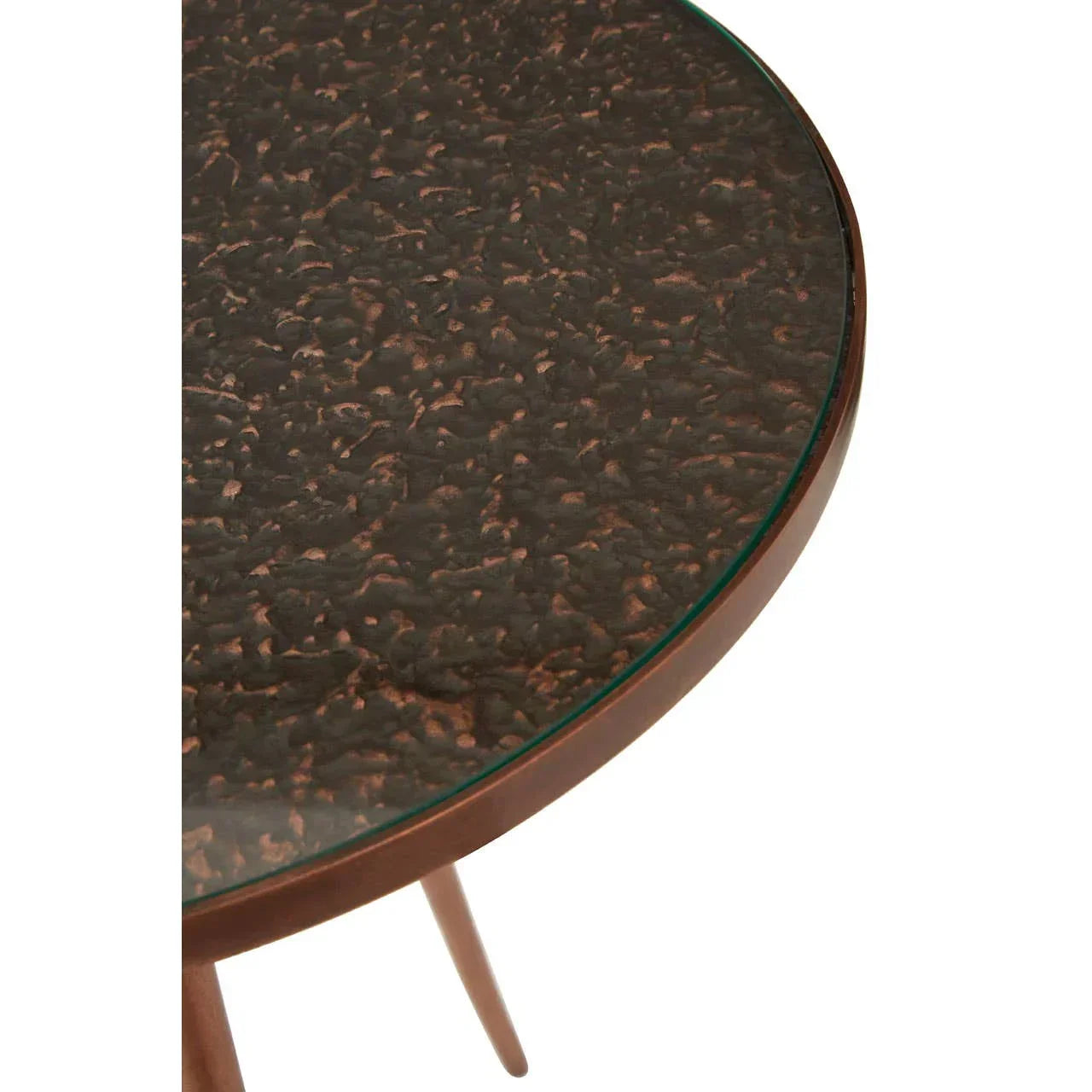 Round glass top side table with textured brown finish and slim wooden legs, close-up view