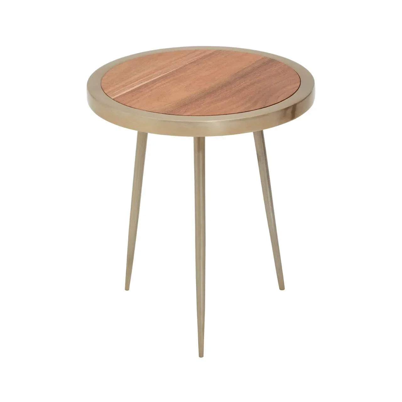 Round wooden side table with gold metal frame and three slim legs