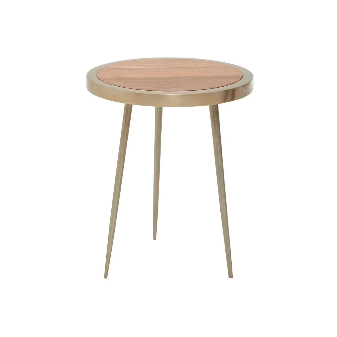 Round side table with light wood top and slim gold metal legs