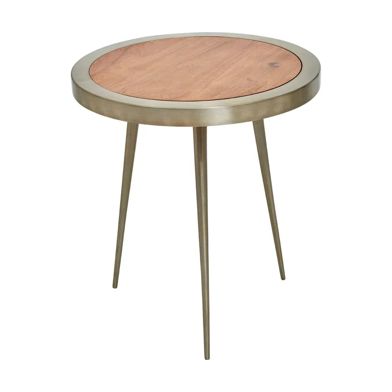 Round side table with wooden top and three metal legs, modern accent furniture