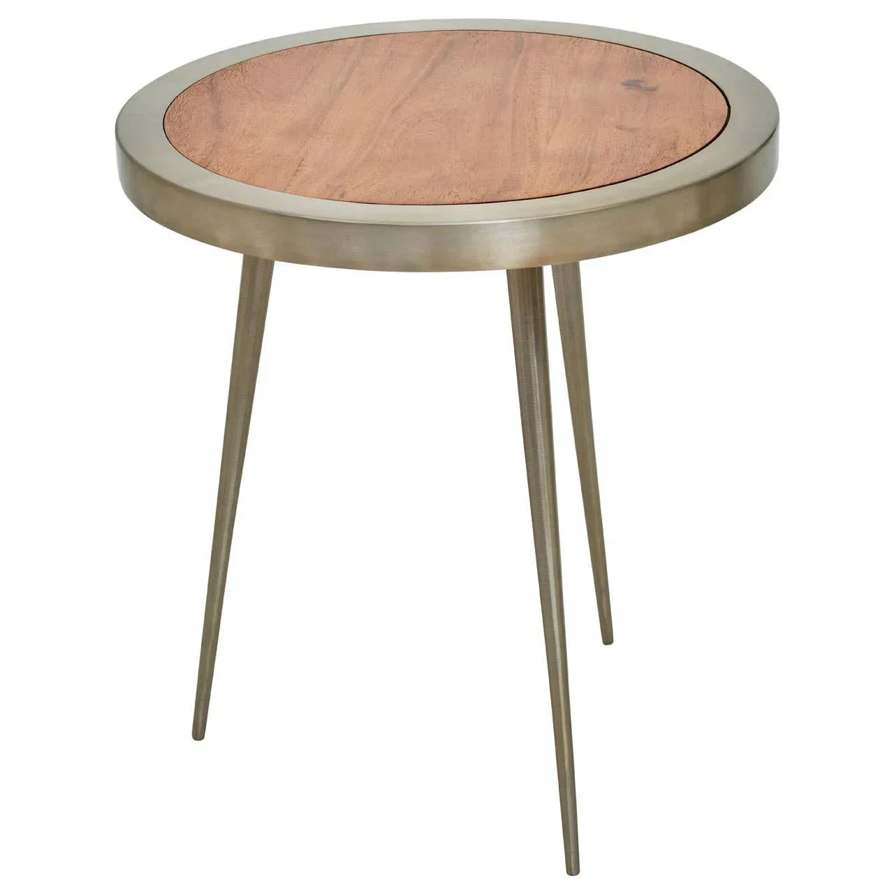 Round side table with wooden top and metal legs, modern accent furniture