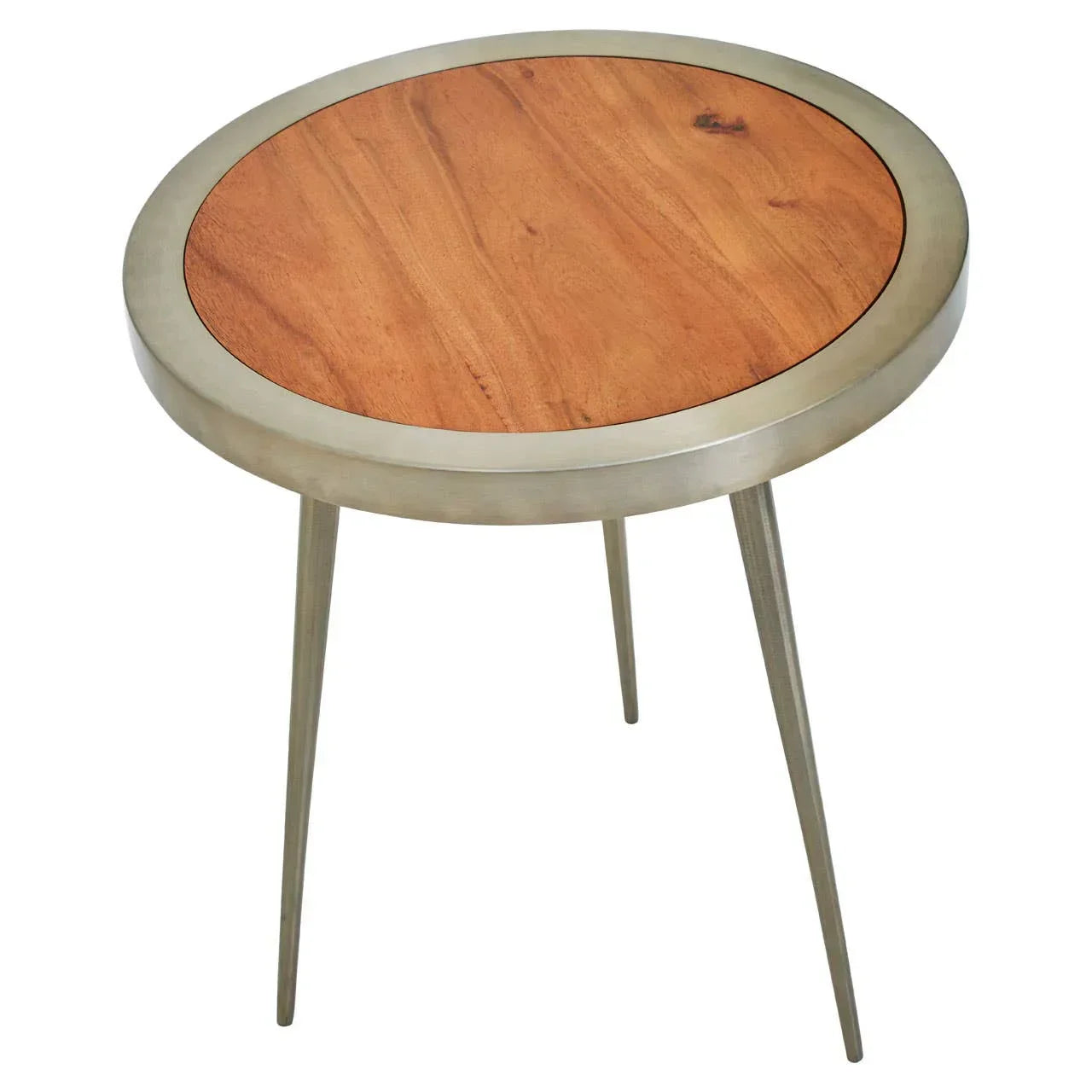 Round wooden side table with metal frame and three slim legs