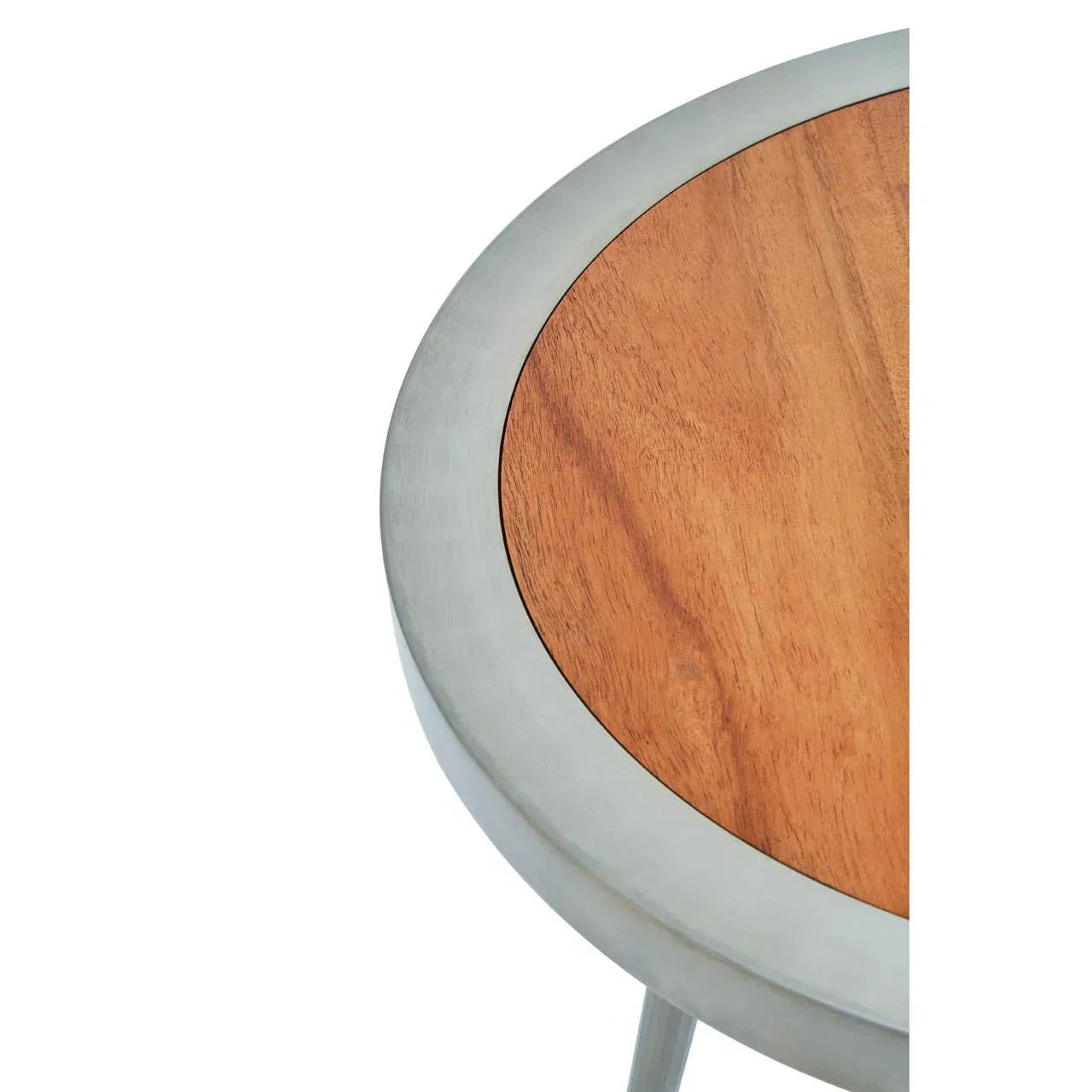 Round side table with wooden top and brushed metal edge, partial top-down view