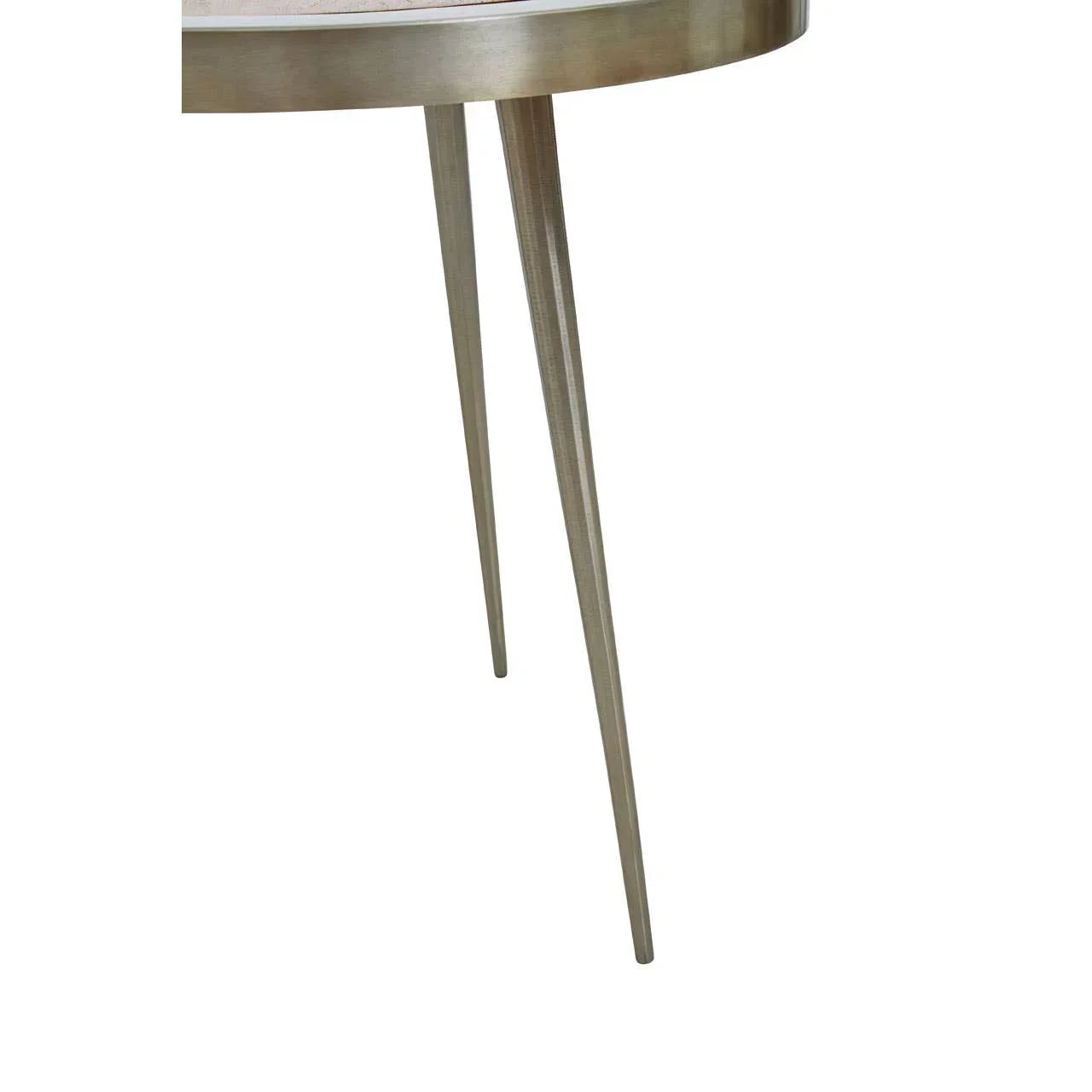 Brushed metal table legs with round edge, modern furniture style, close-up view
