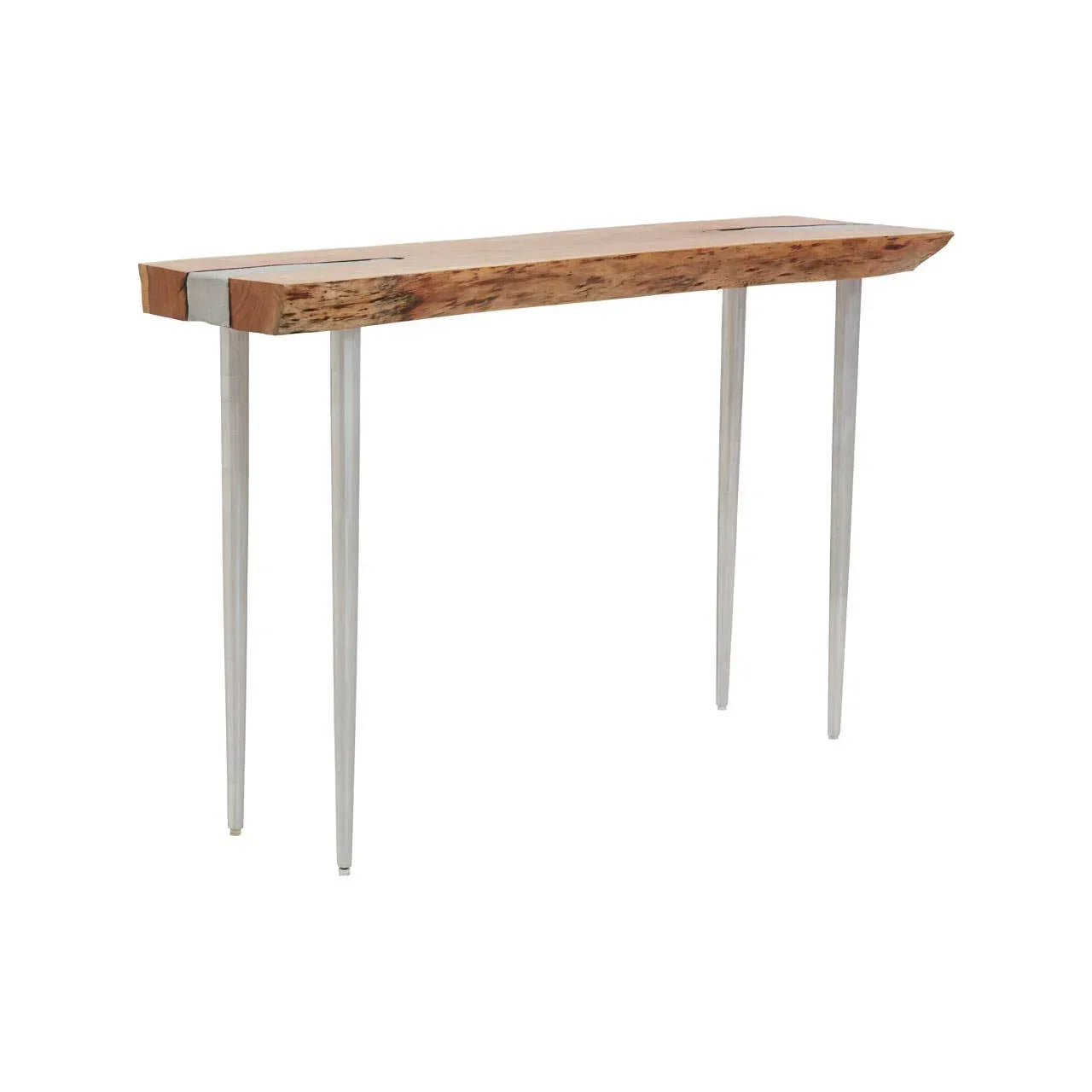 narrow console table with natural wood top and slim metal legs, modern hallway furniture