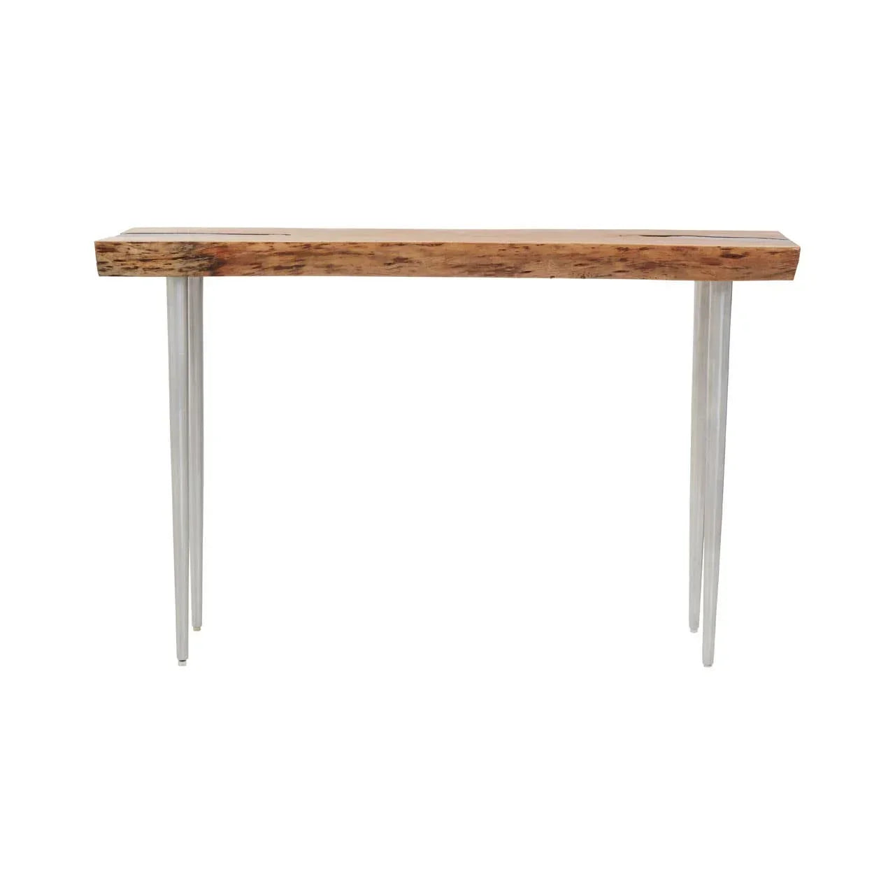 Narrow wood console table with metal hairpin legs, front view on white background