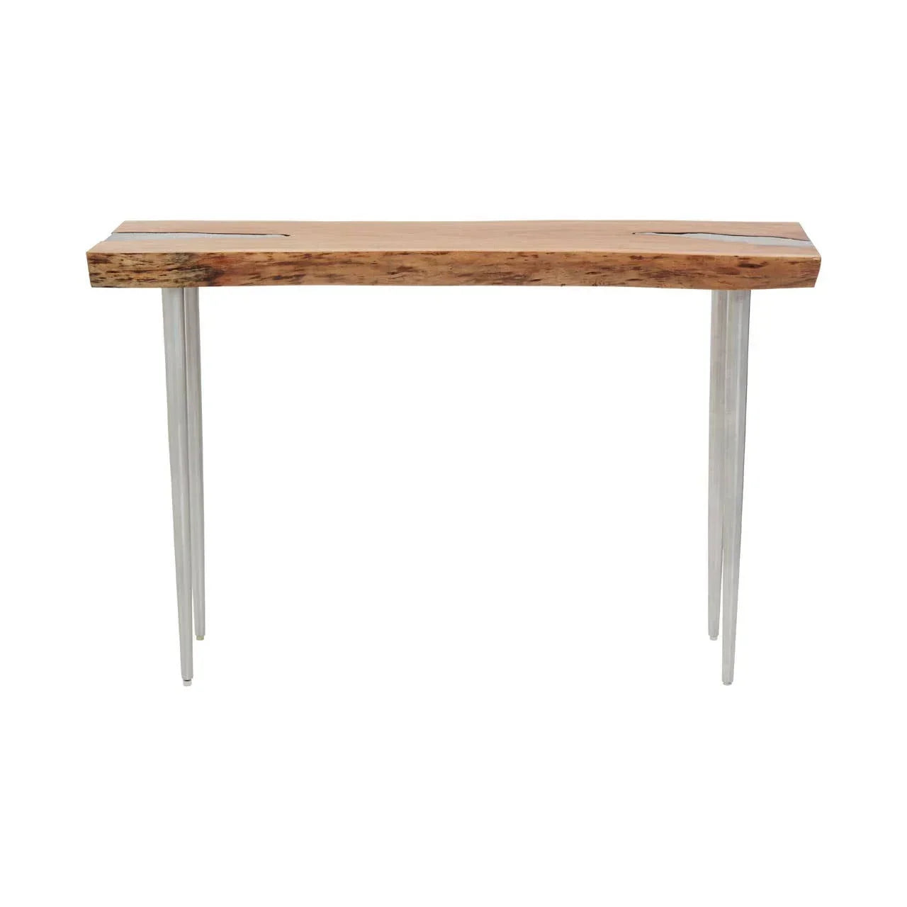 Live edge wood console table with metal hairpin legs and epoxy inlay detail