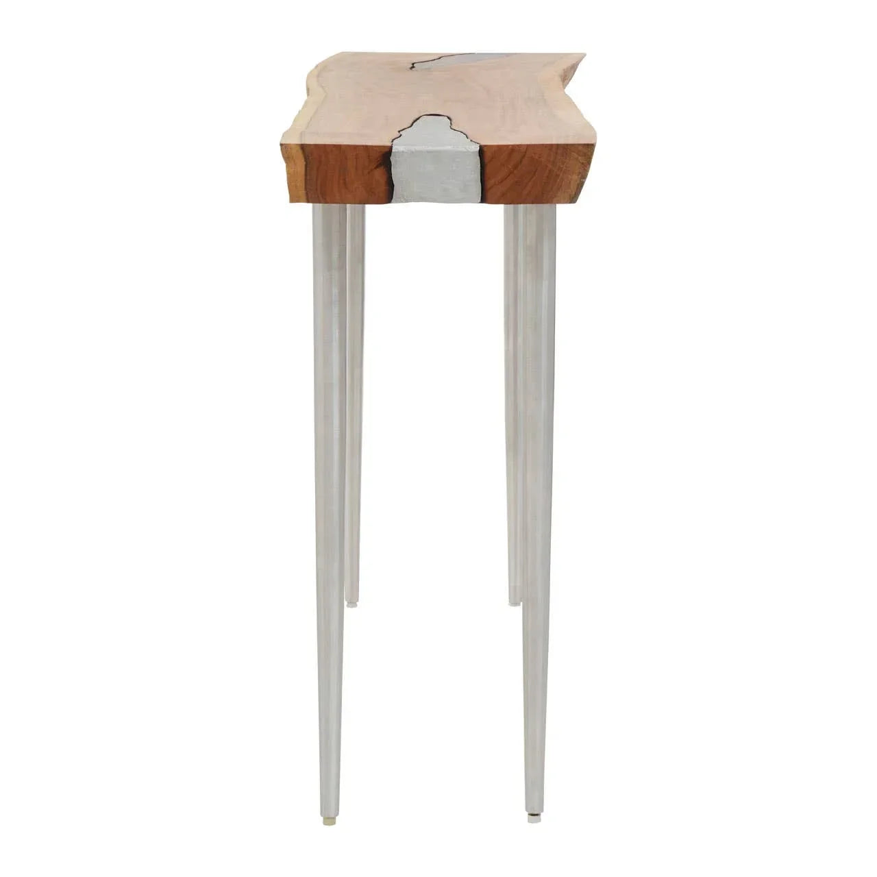 Narrow console table with live edge wood top and silver metal legs, front view