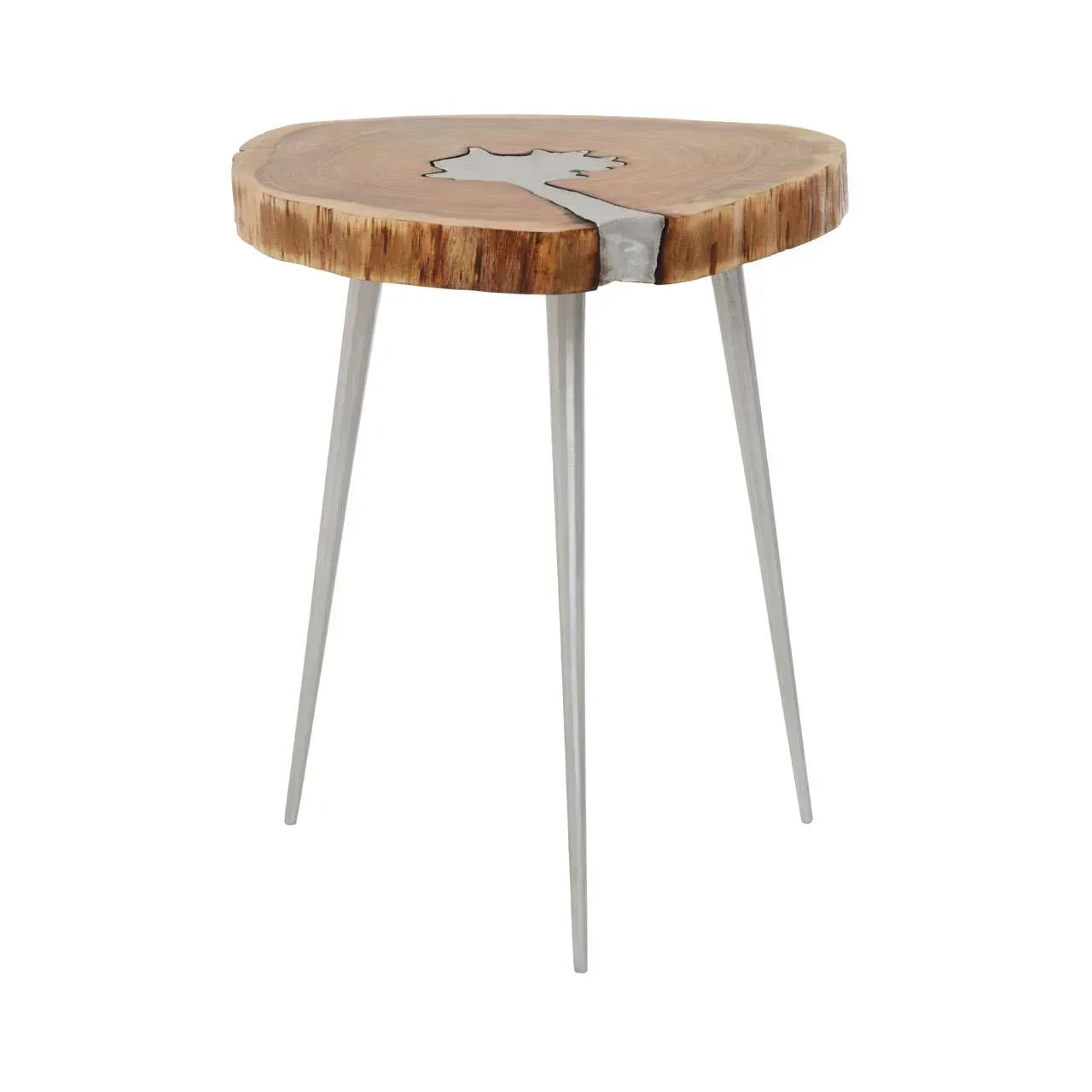 Round wood side table with silver resin inlay and three metal legs