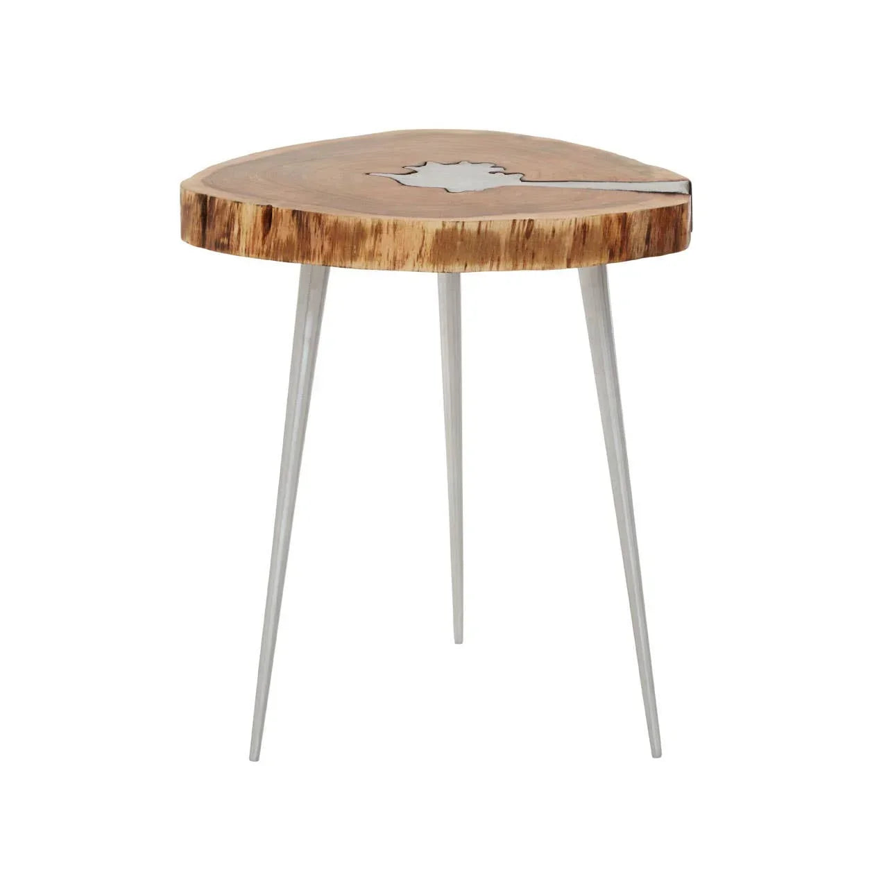 Wooden side table with live edge top and three metal hairpin legs