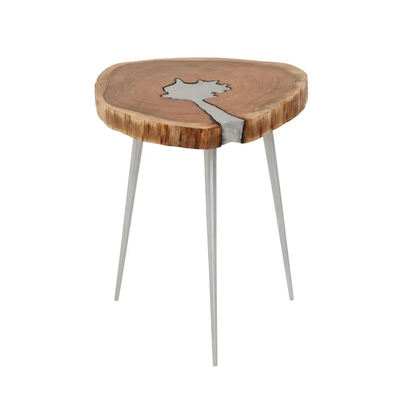 Live edge wood side table with metal inlay and three silver metal legs