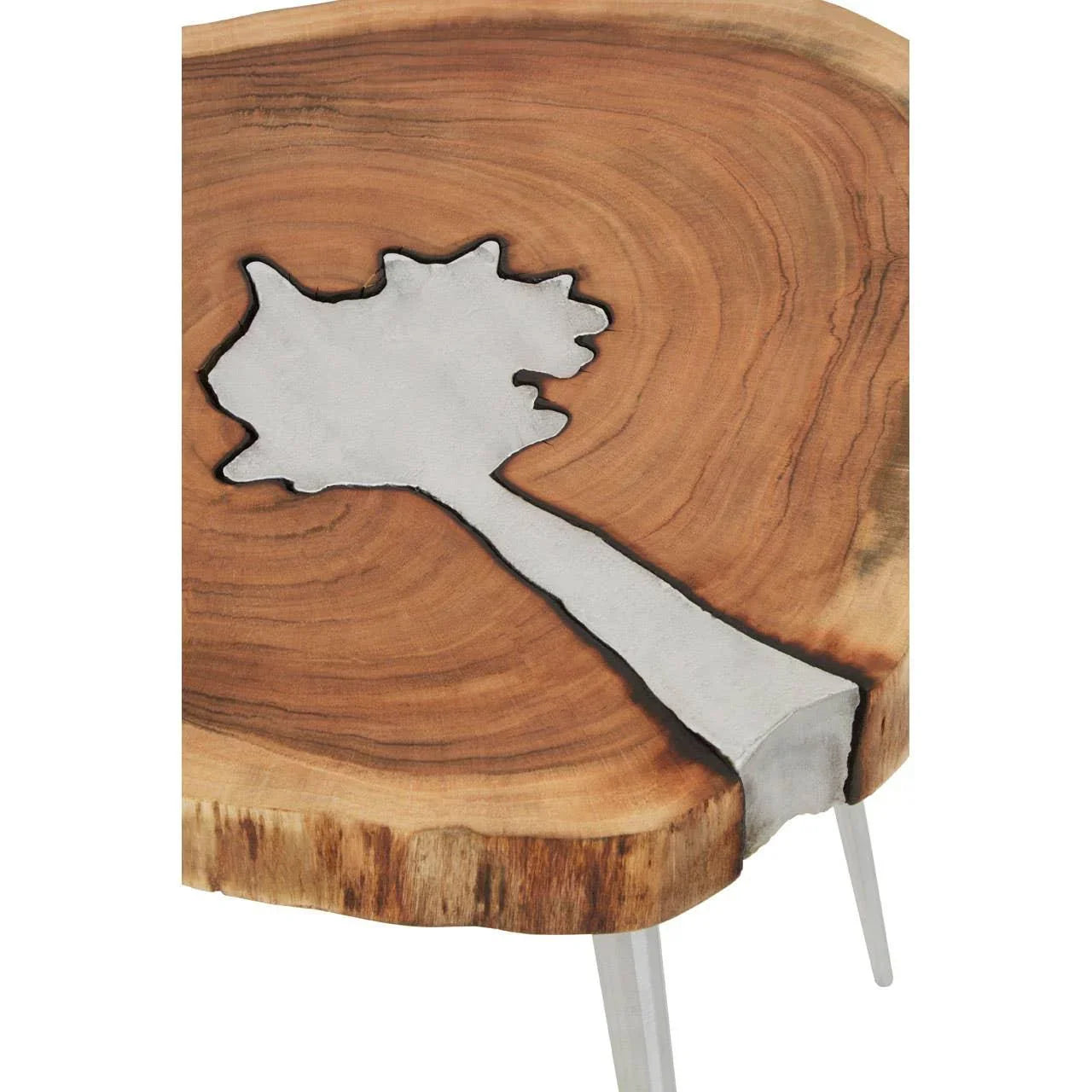 Live edge wood side table with silver resin river detail and metal leg