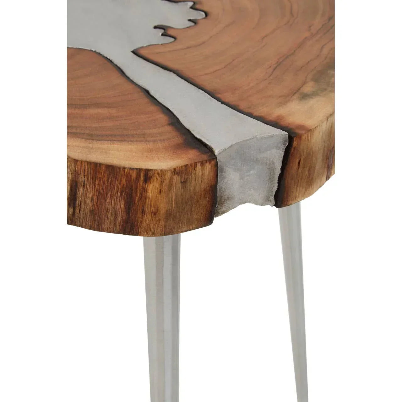Closeup of live edge wood and metal accent side table with silver metal legs