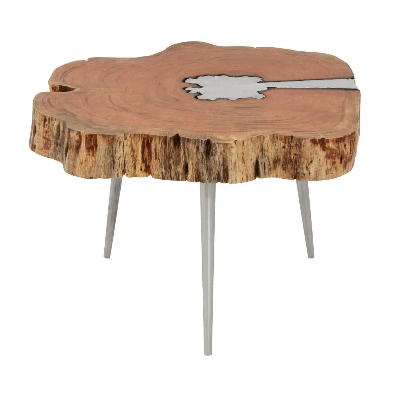Live edge wooden coffee table with metal legs and resin inlay top