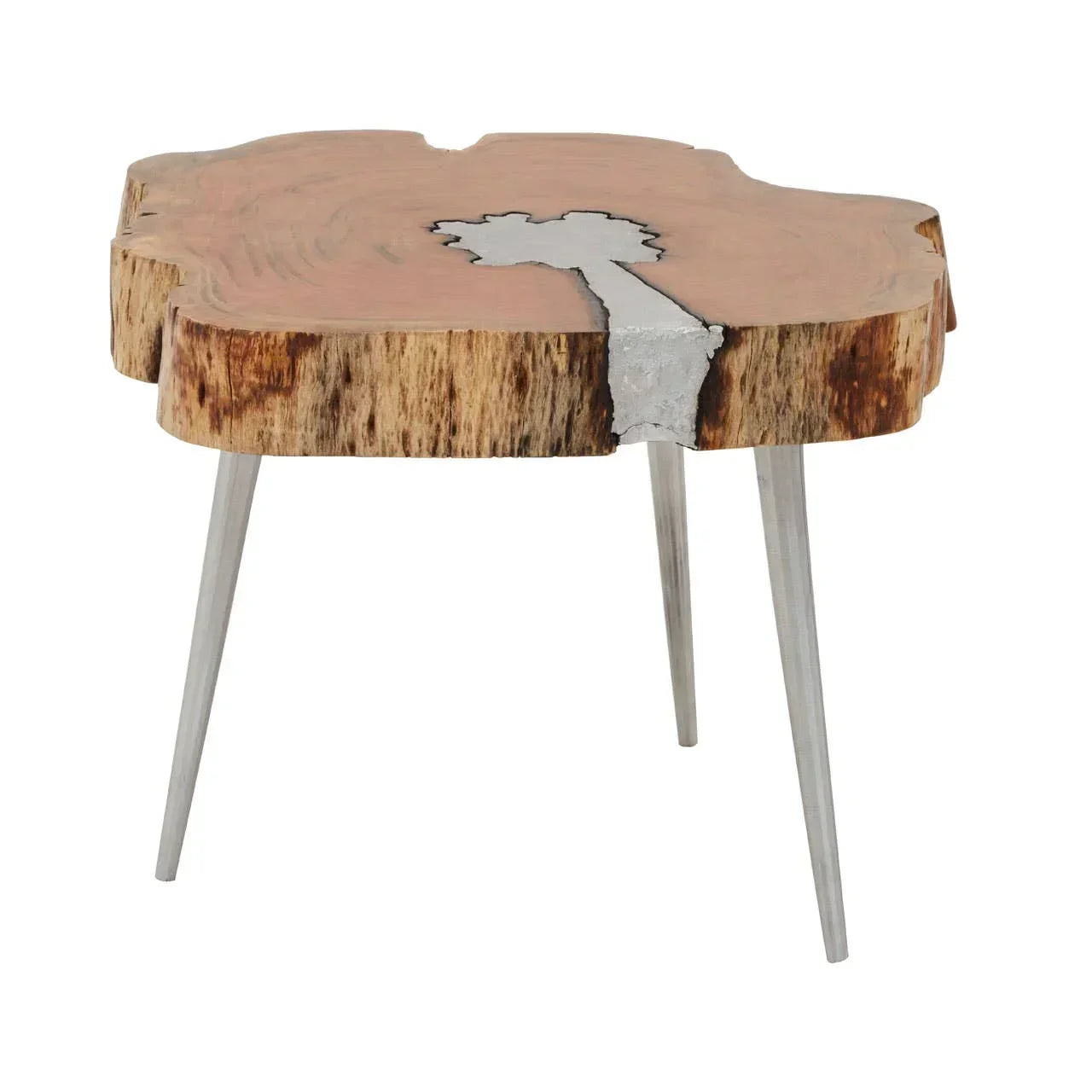 Live edge wood side table with metal inlay and slim metal legs