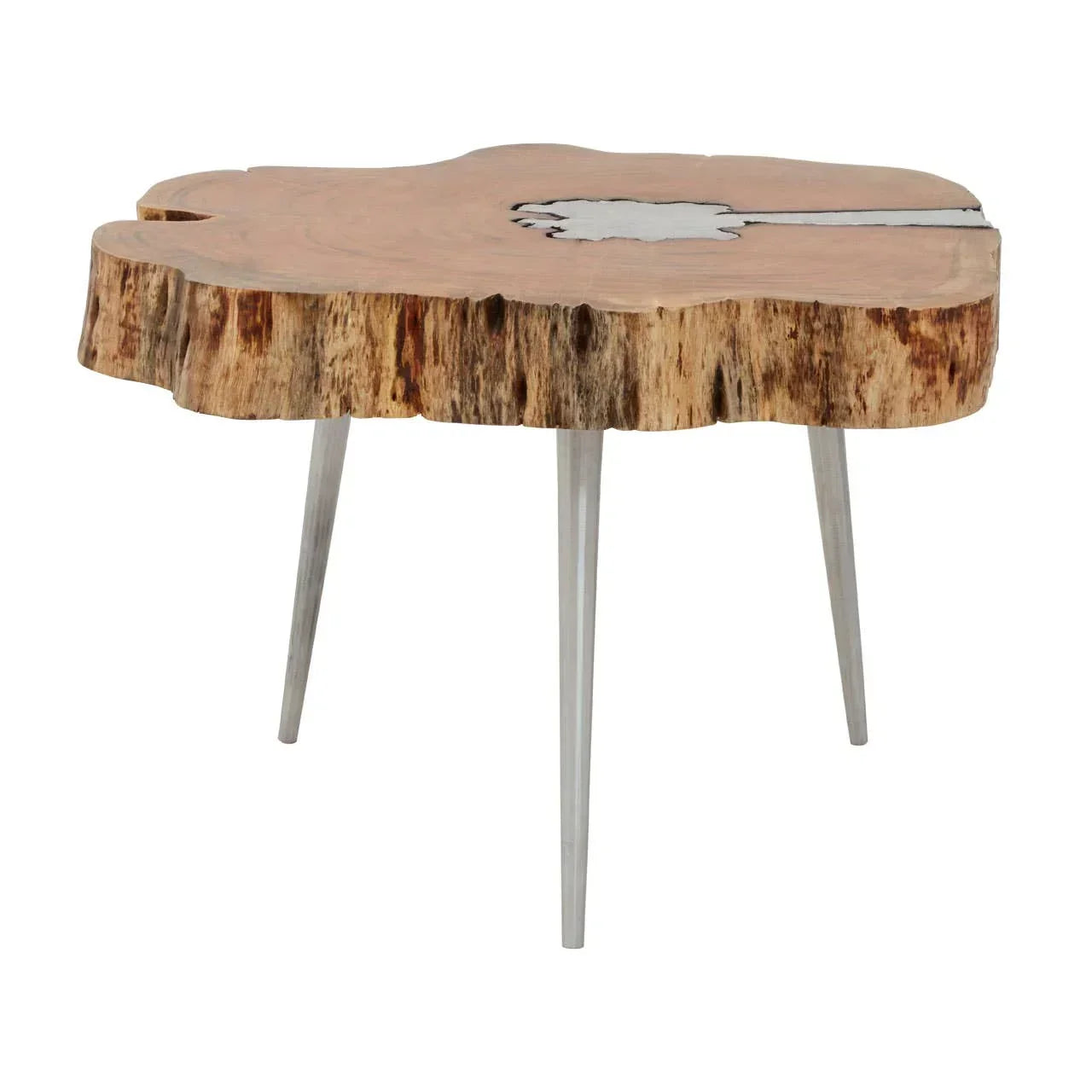 Natural wood side table with live edge top and three metal legs