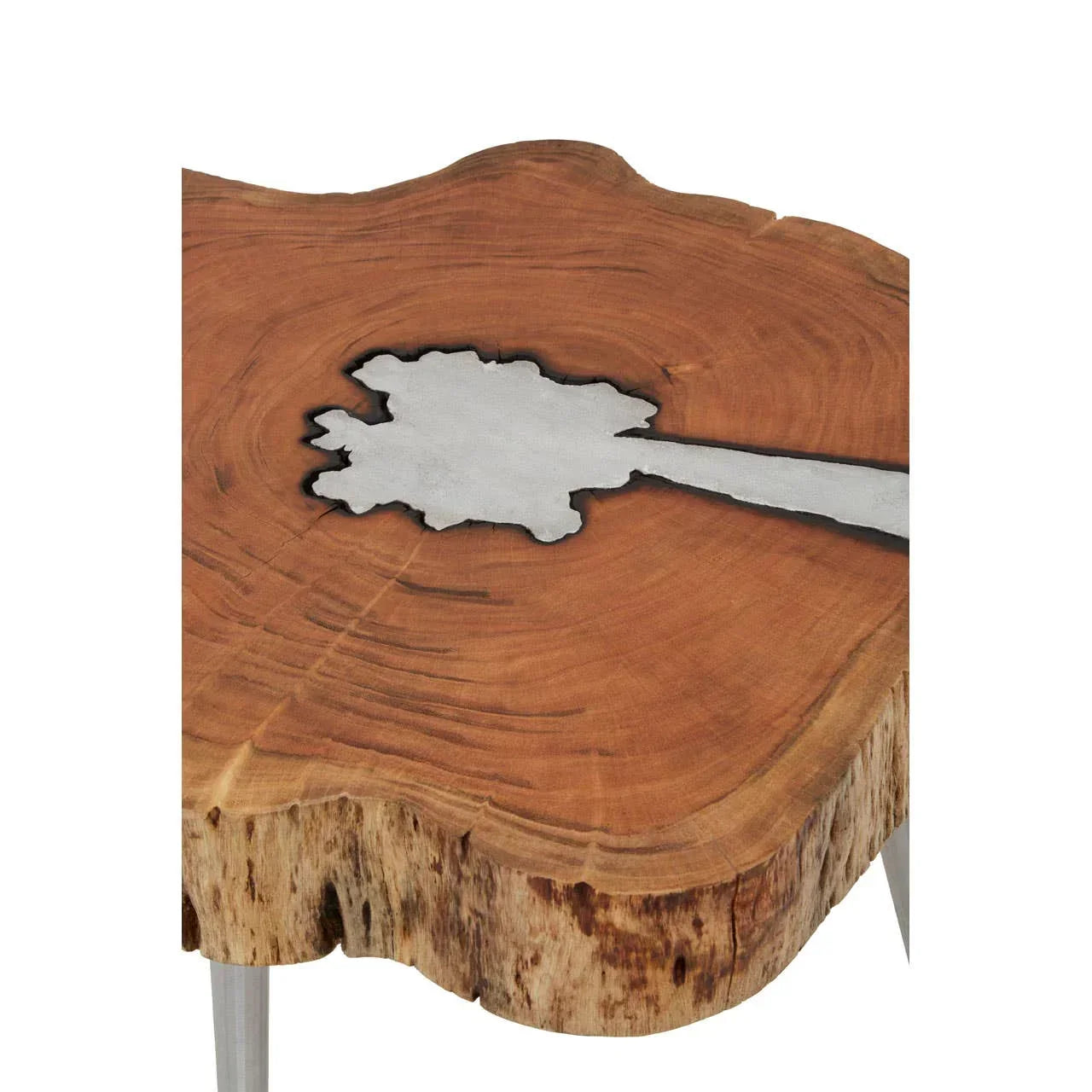 Live edge wood side table with silver resin detail and metal legs
