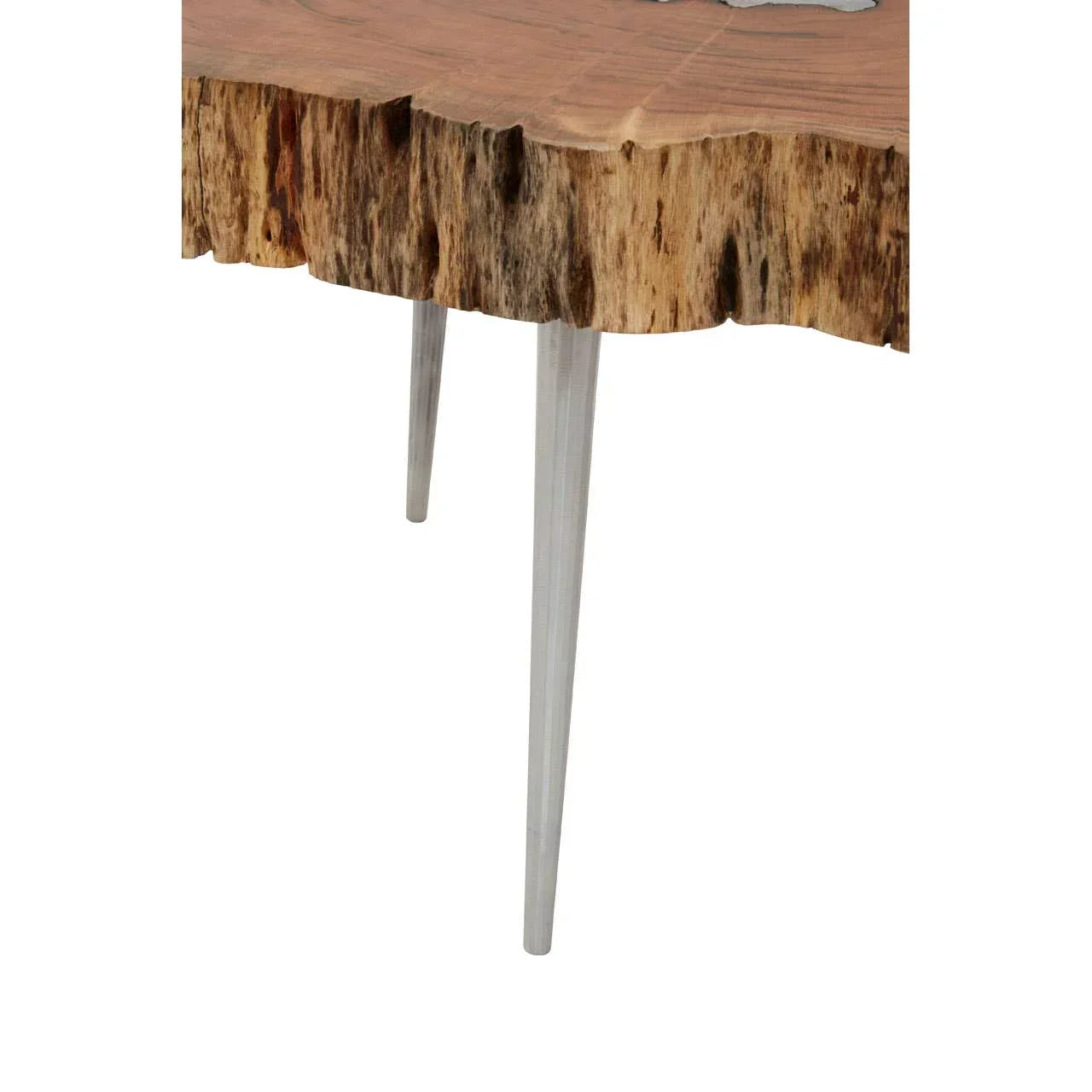 Live edge wood table top with natural grain and slim metal legs