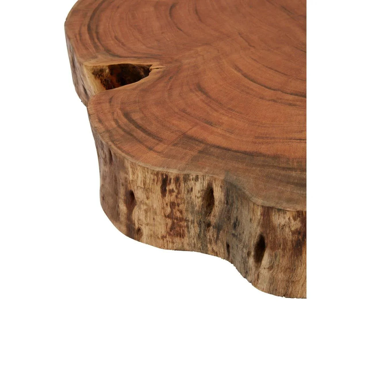 Close up of natural wood coffee table top with rustic edge and visible grain pattern