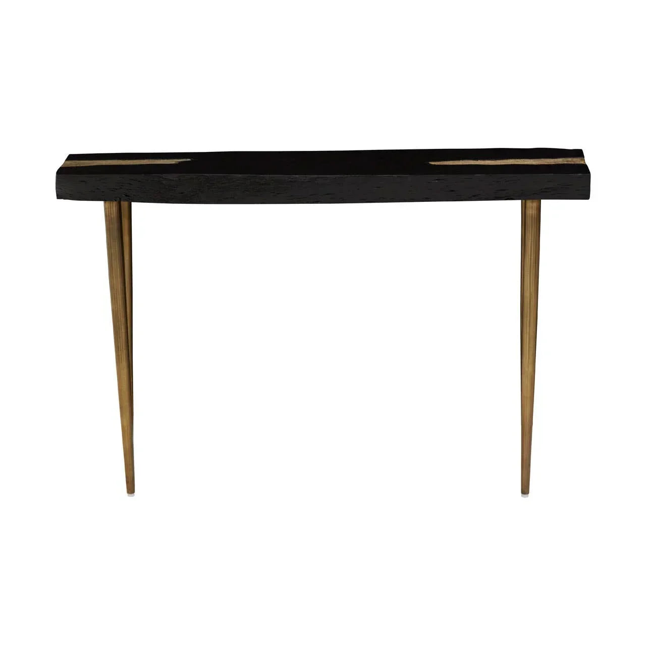 Black wood console table with gold metal legs, front view