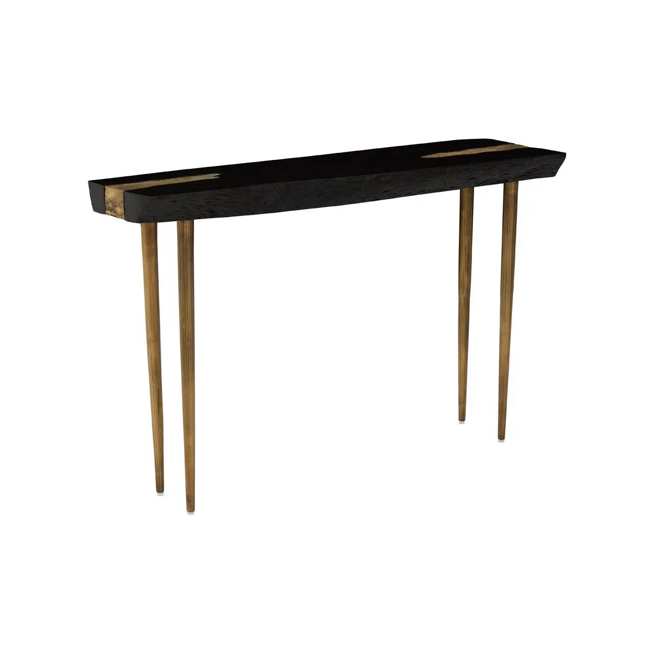 Black wood console table with gold metal legs and natural edge design