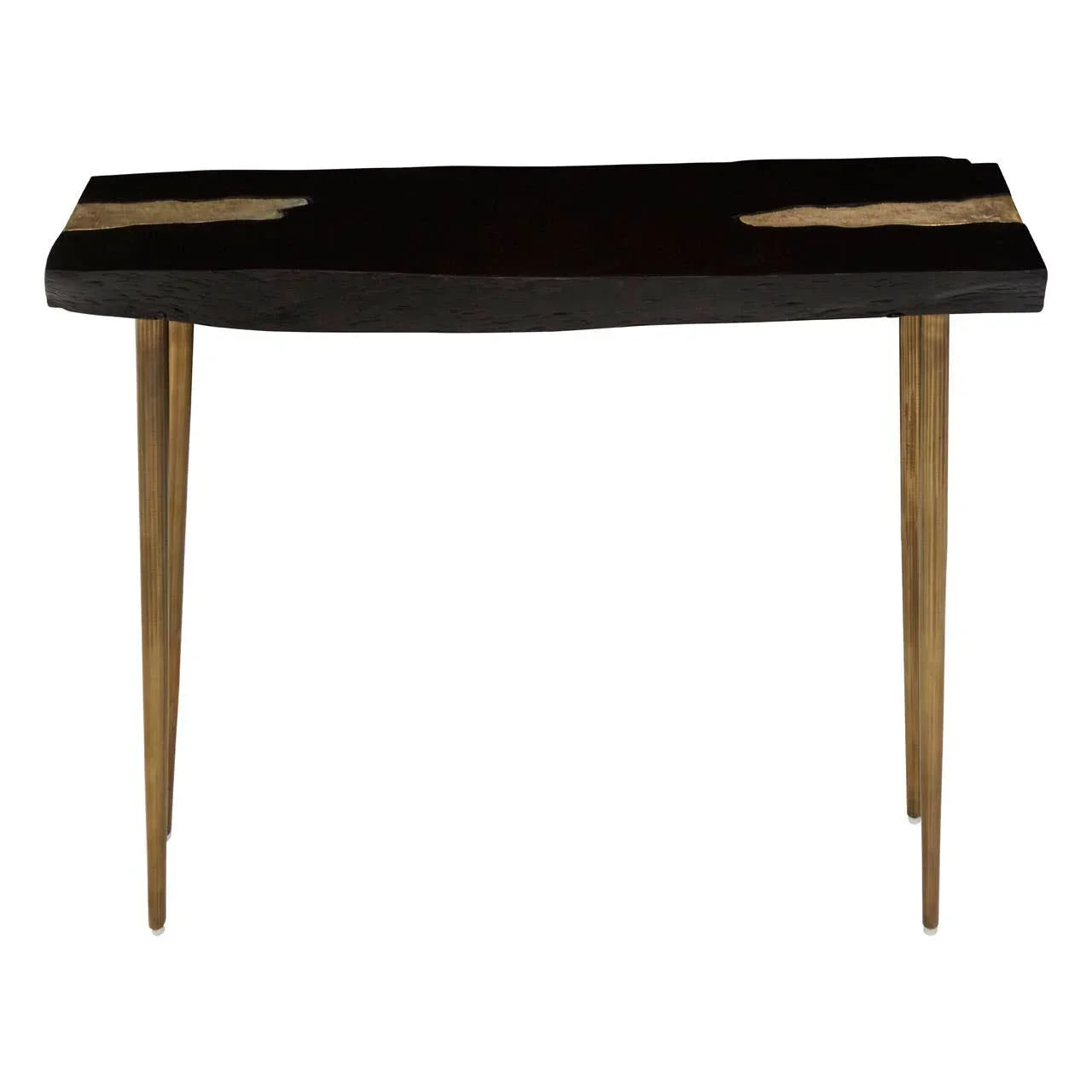 Black wooden console table with gold accents and slim tapered gold legs