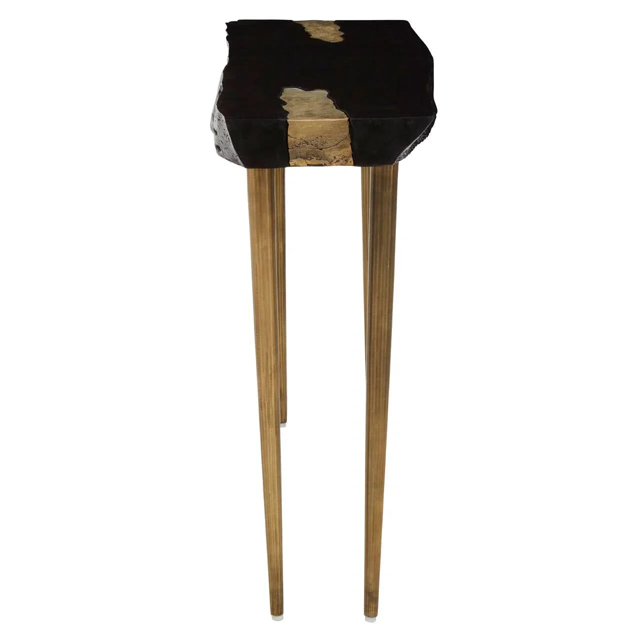 Narrow live edge console table with black and wood grain top and slim gold metal legs