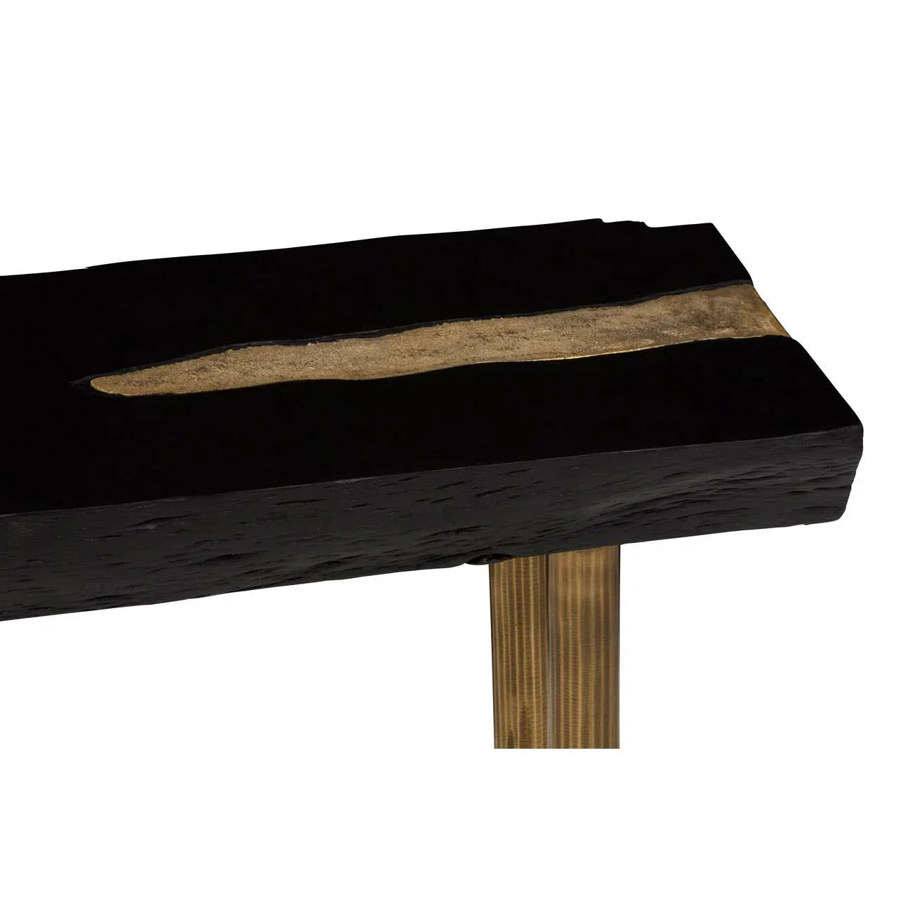 Black wooden table with gold resin inlay and brushed metal leg, close-up view