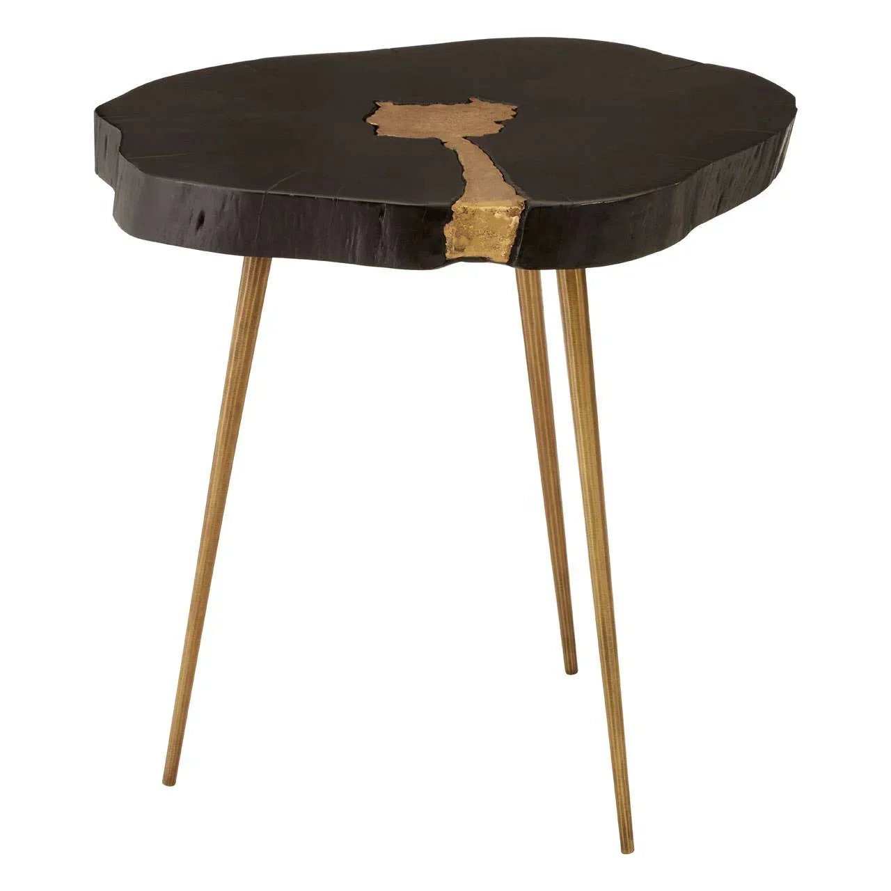 Black wood side table with gold inlay and slender gold metal legs