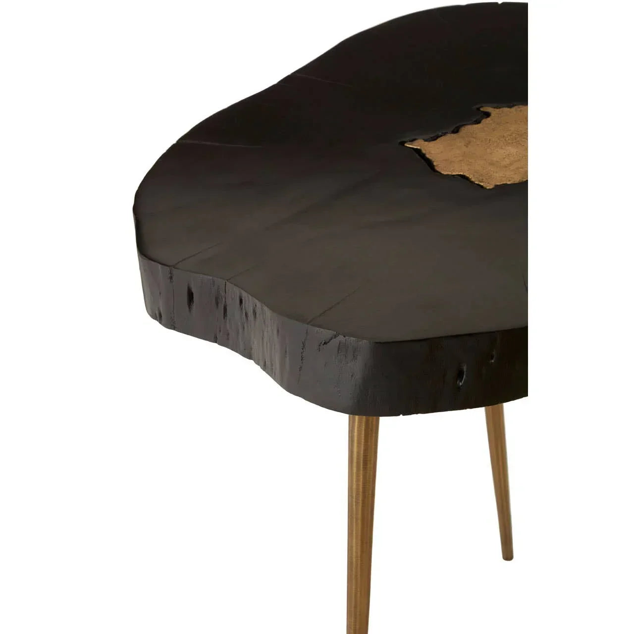 Live edge black wood coffee table with angled gold metal legs and natural wood detail