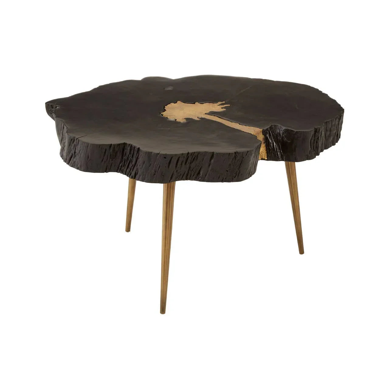 Black wooden coffee table with gold accents and three tapered legs