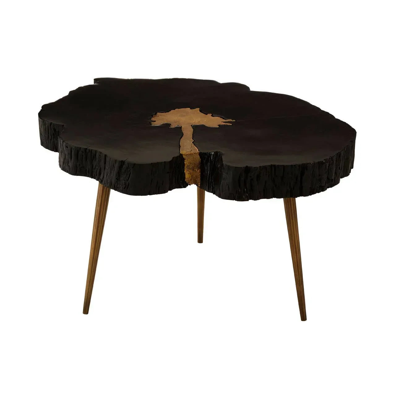 Black wood coffee table with live edge top and gold resin detail, angled on three legs