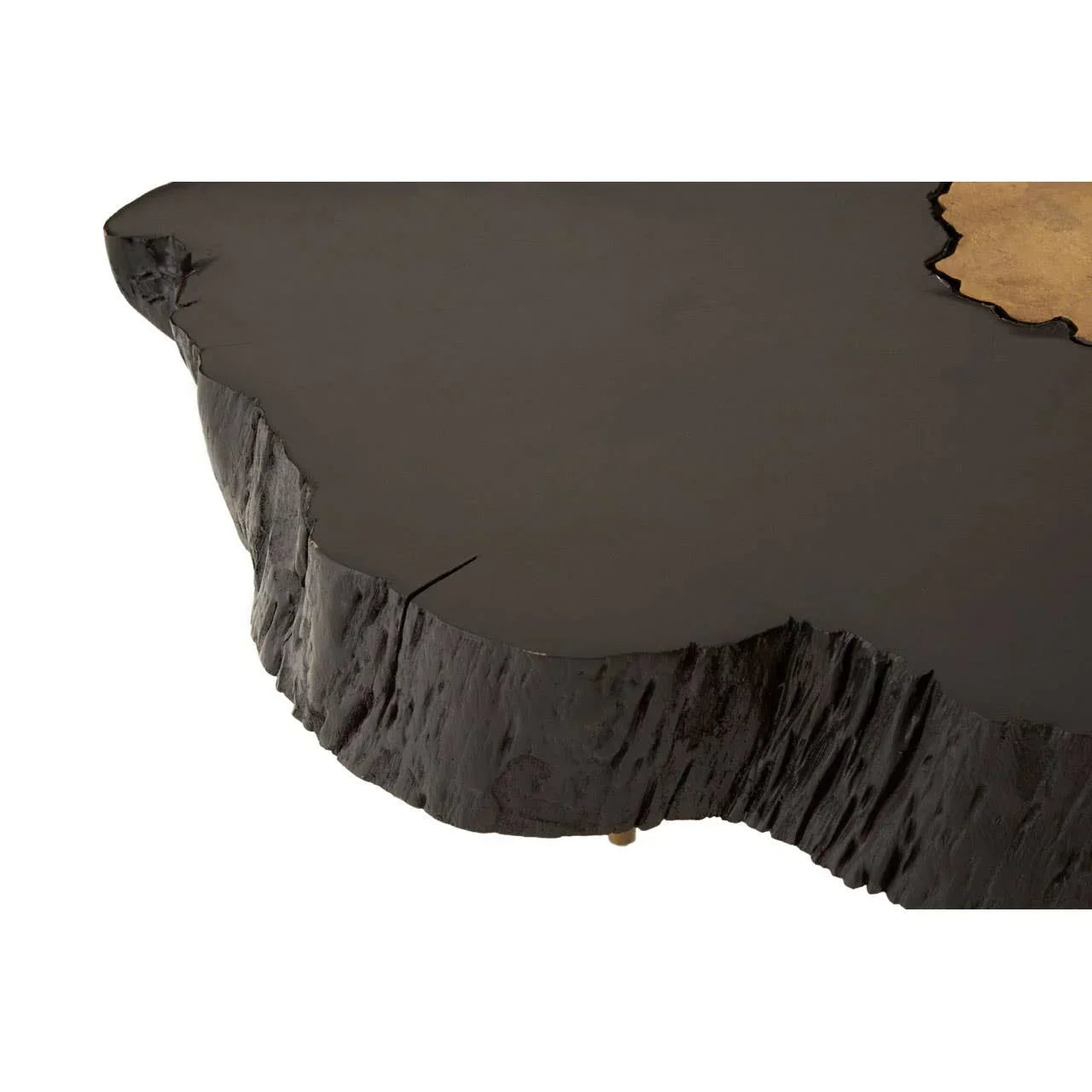 Black wood coffee table with natural live edge and gold accent detail, close-up view