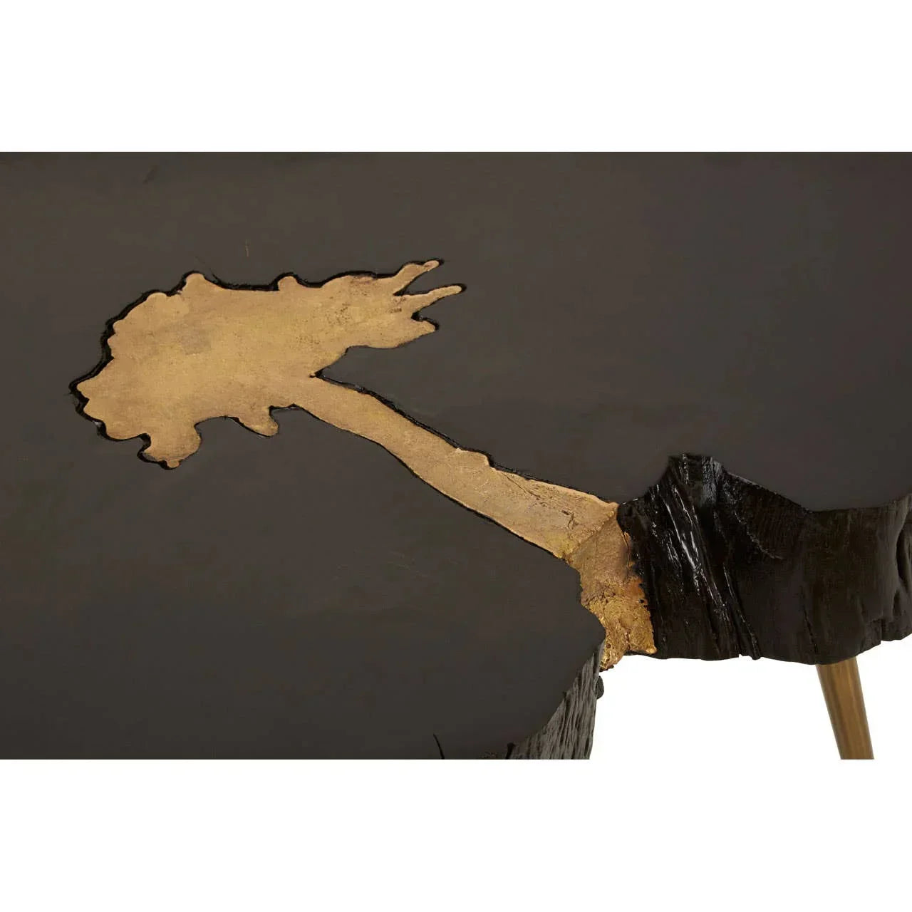 Live edge wood coffee table with gold resin detail on dark tabletop