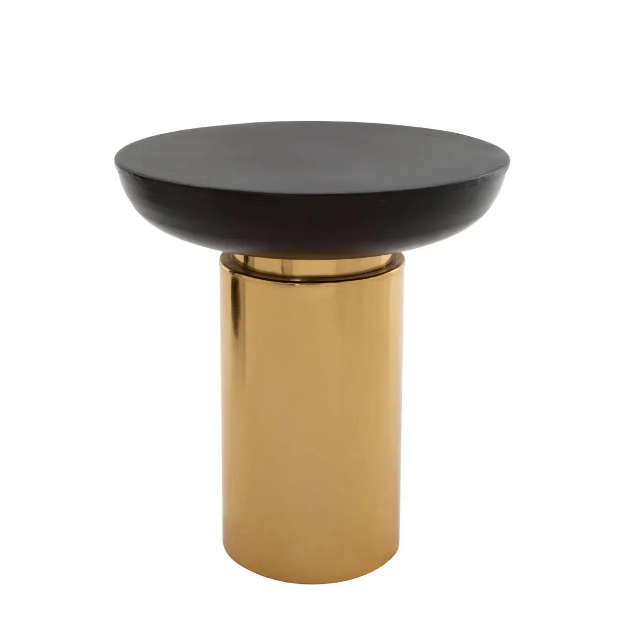 Round black side table with gold cylindrical base, modern accent furniture