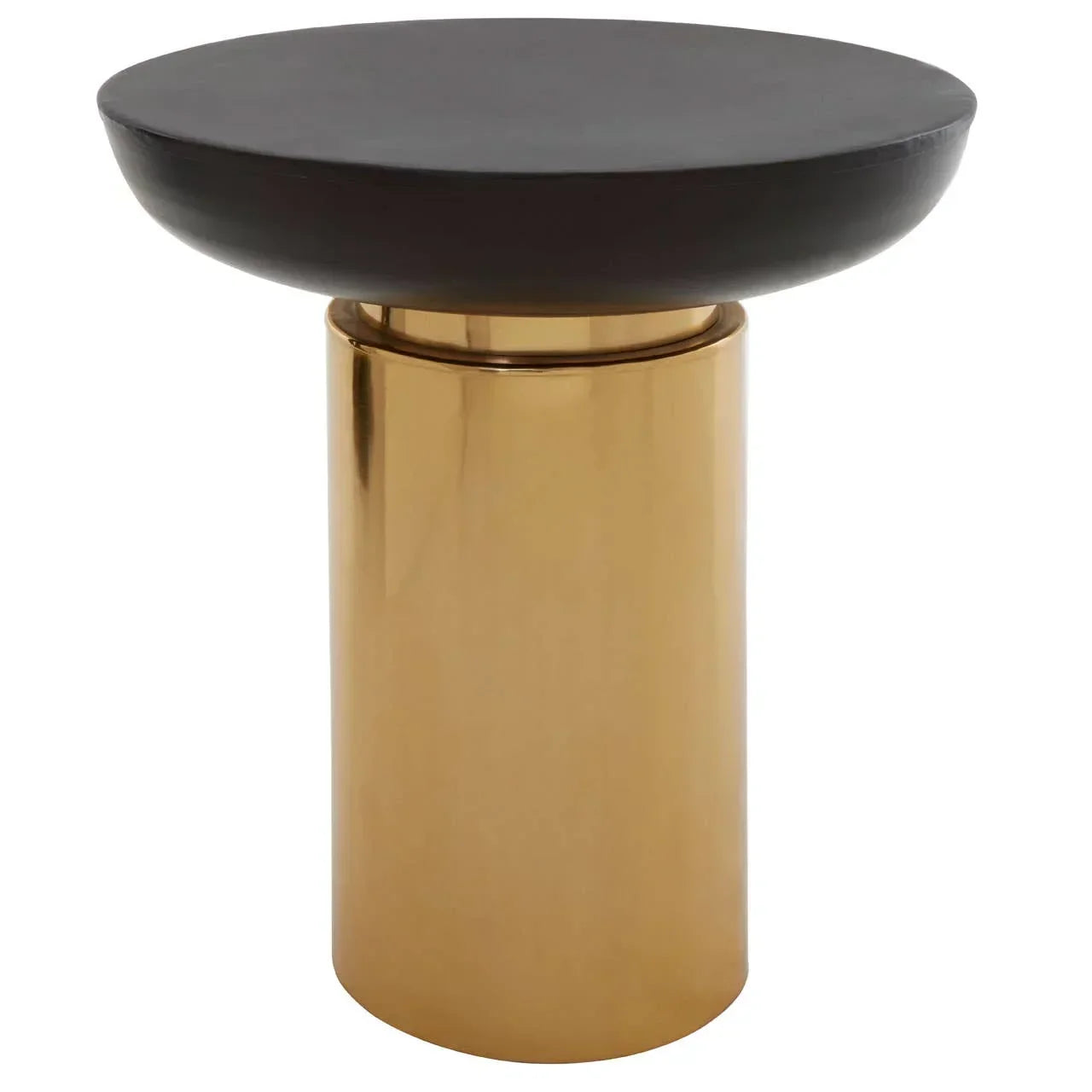 Round side table with black top and gold cylindrical metal base