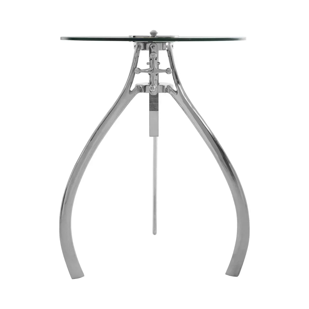 Round glass side table with polished chrome metal legs and industrial frame