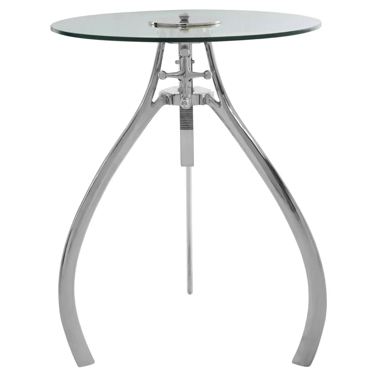 Glass top side table with tripod chrome legs and central screw detail