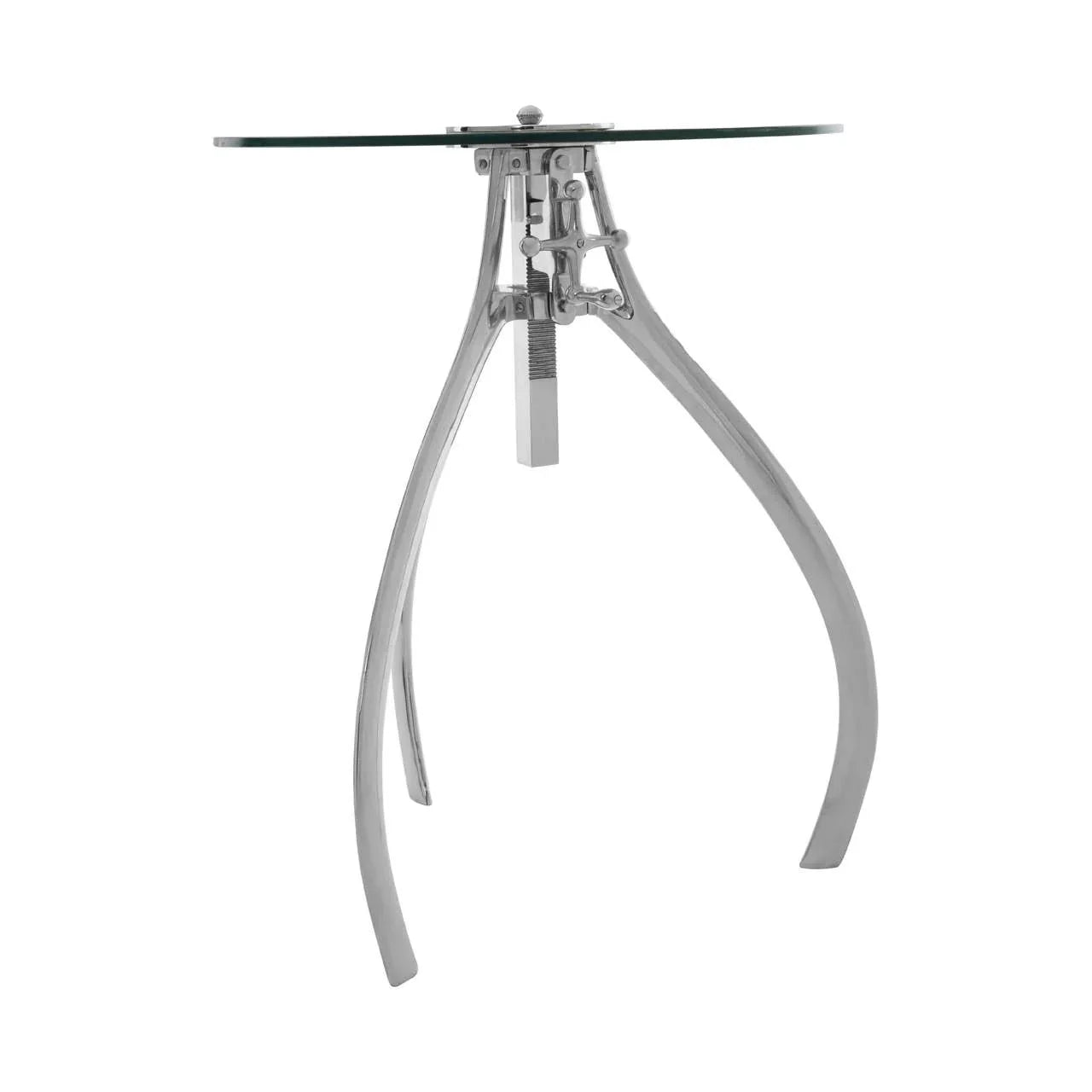 Glass top side table with silver metal tripod base and industrial screw detailing