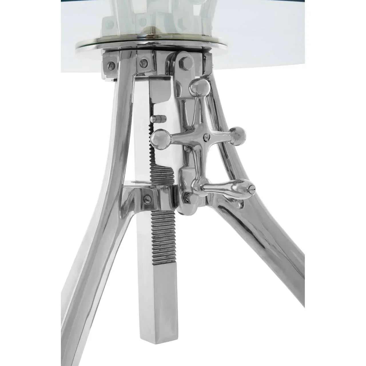 Polished metal adjustable table base with round glass top close-up