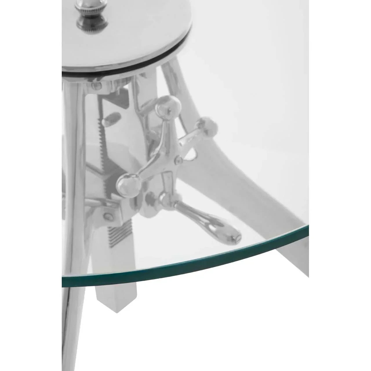 Close-up of glass side table with chrome metal base and adjustment handles