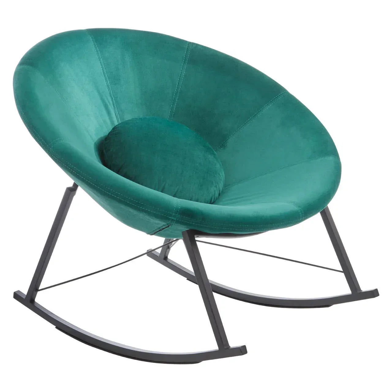 Green velvet accent chair with round cushion and black metal rocking legs