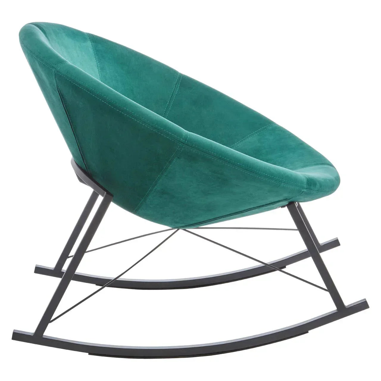 Green velvet accent rocking chair with black metal frame side view