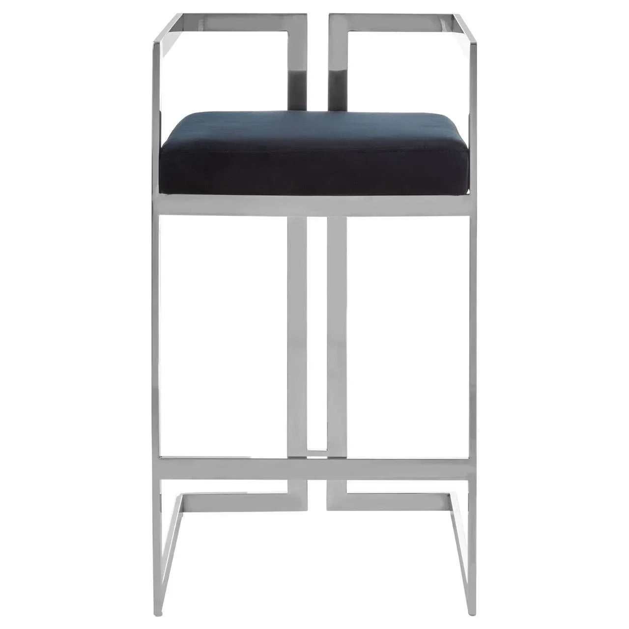 Modern bar stool with chrome frame and black velvet seat, front view