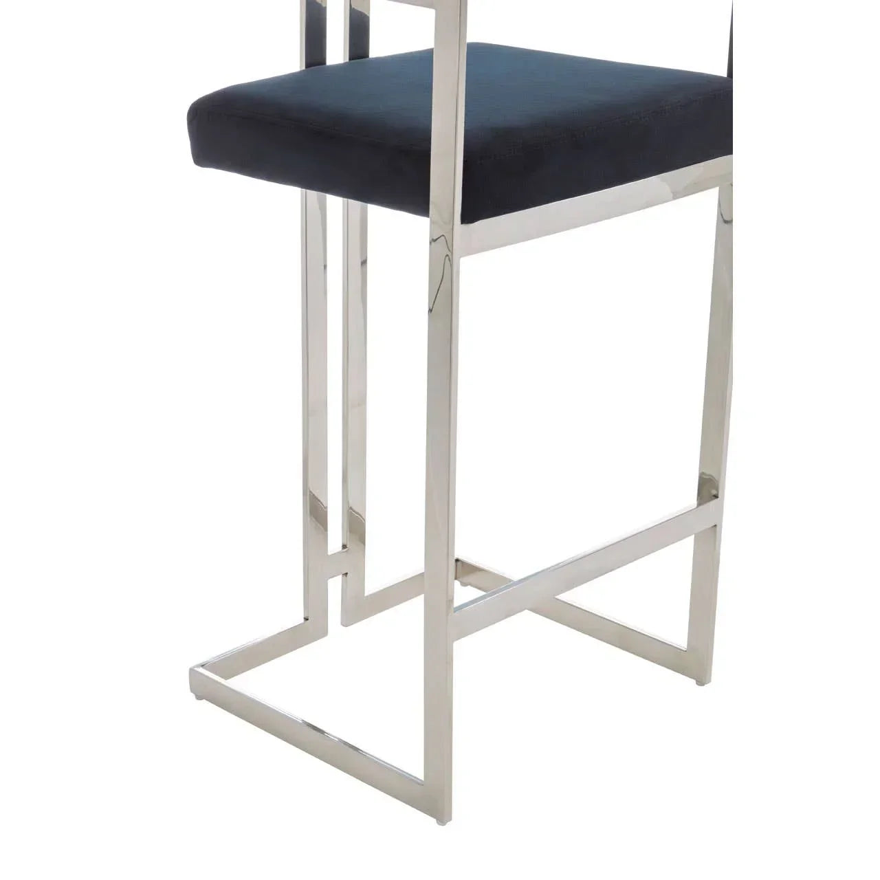 Chrome bar stool frame with black upholstered seat, shown from a side angle