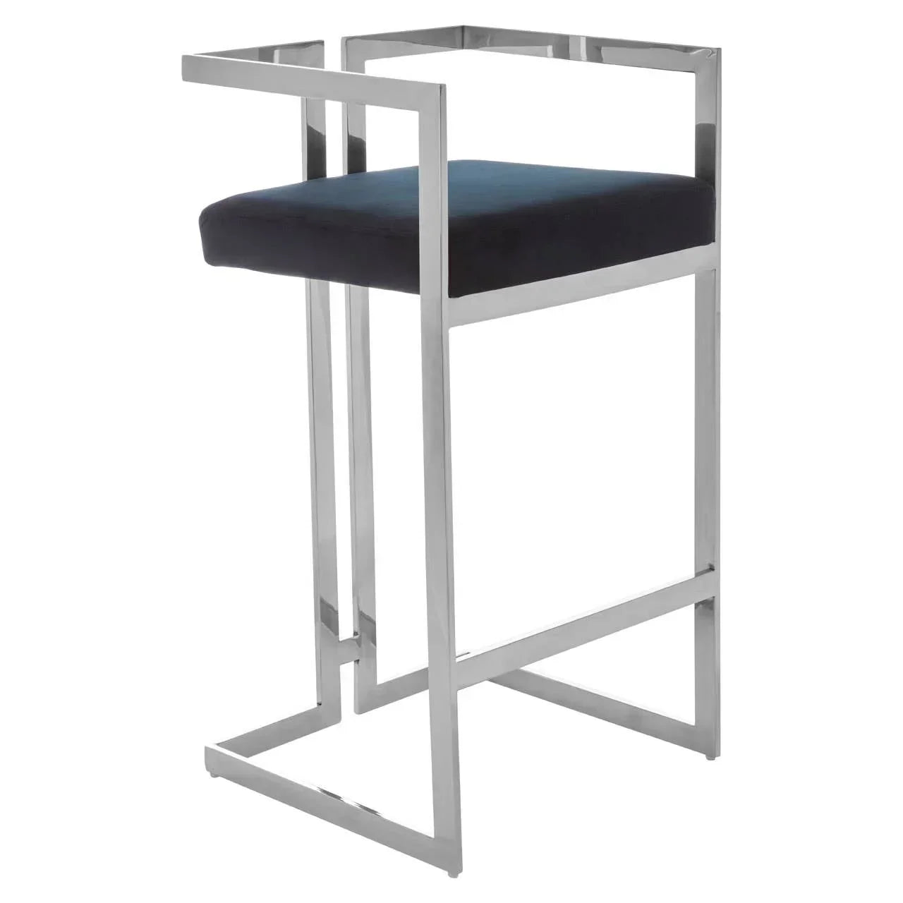 Modern bar stool with chrome metal frame and black cushioned seat, side angle view
