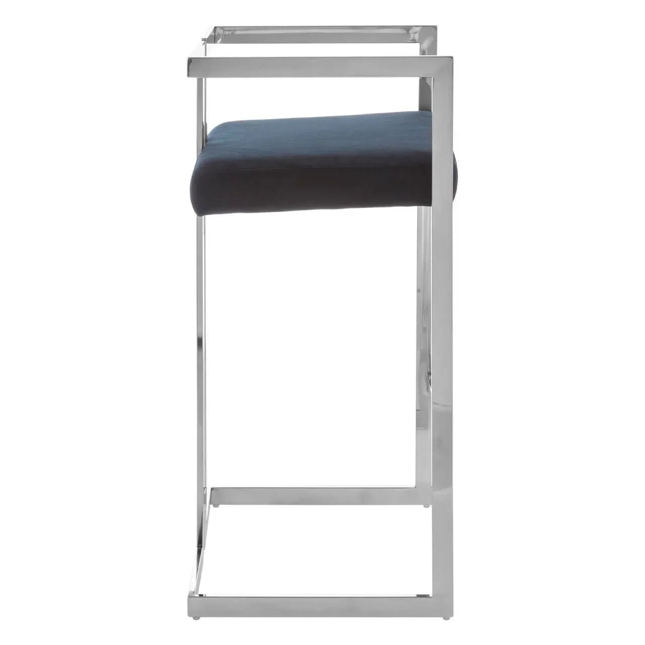 Side view of bar stool with chrome metal frame and dark upholstered seat